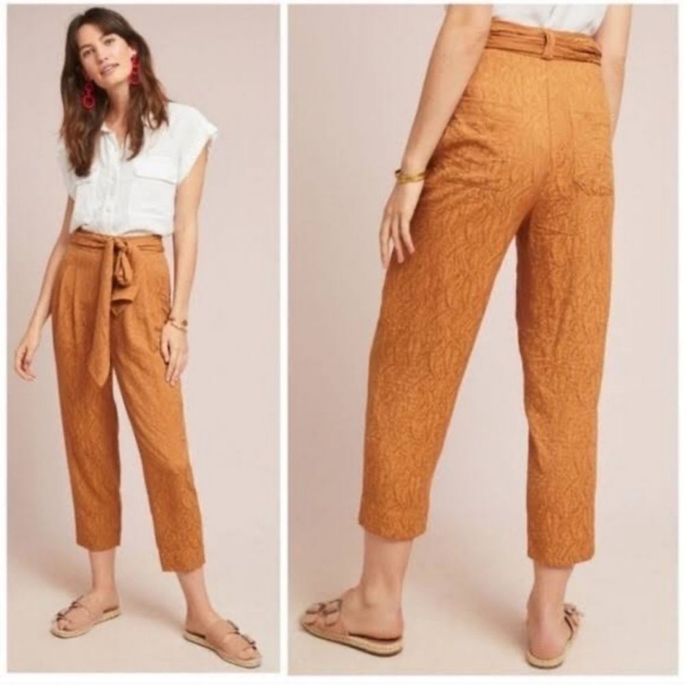 Anthropologie Aubade tie waist pleated textured high rise mustard pants size 4